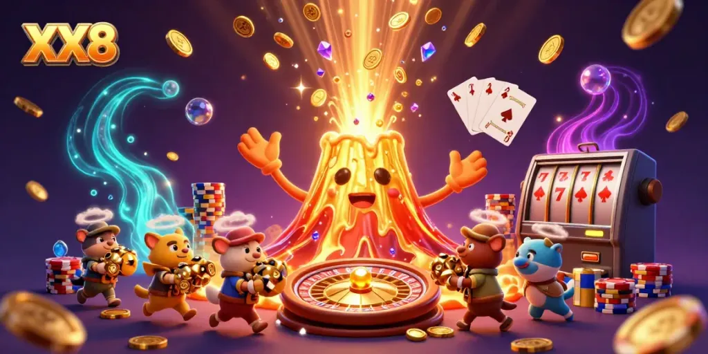 Experience the thrill of XX8 casino gaming with a vibrant scene of triumph, treasure, and excitement.