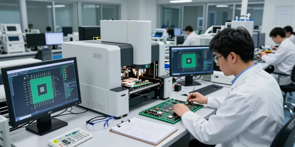 Insinyur di laboratorium semikonduktor merancang chip kompleks di https://www.oe-semiconductor.com/index2.html dengan alat canggih.