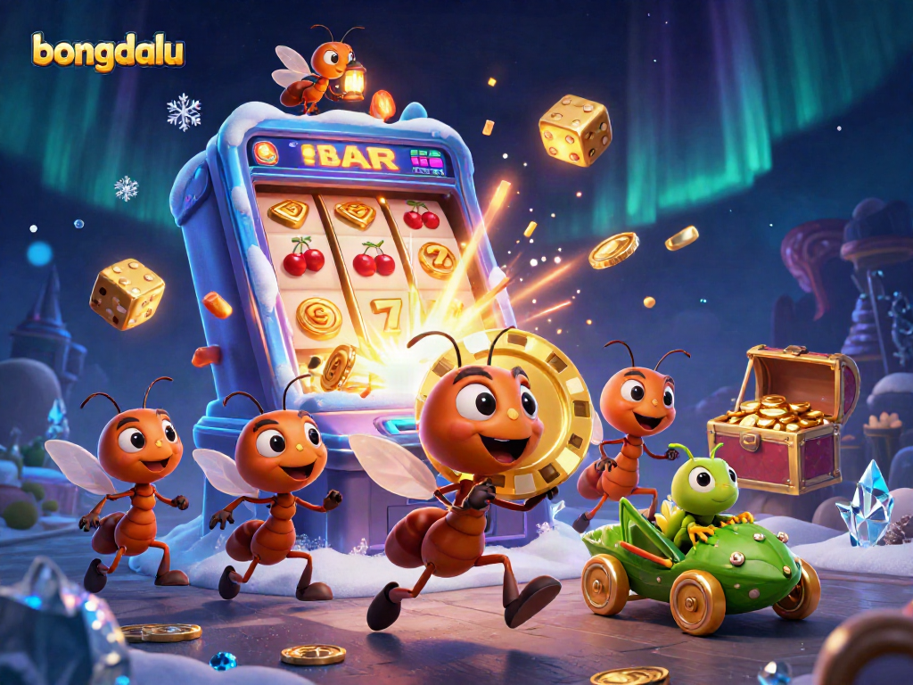 Bongdalu enhances the casino experience with animated ants heisting a massive poker chip in a vibrant 3D scene.