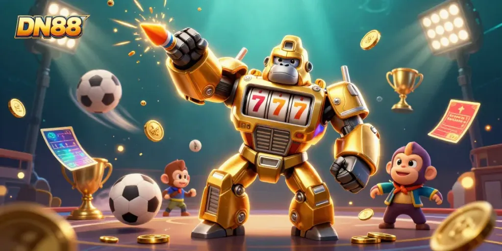 Experience exciting gameplay with DN88 at a vibrant, animated online casino scene featuring a golden gorilla mech.