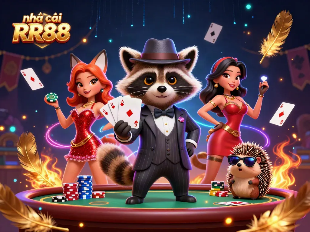 Experience the thrill of nhà cái RR88 with vibrant casino action featuring characters engaging in a poker game.