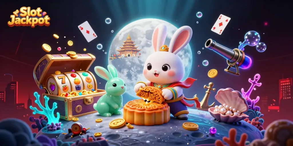 Engage with the colorful Slot Jackpot illustration featuring a moon rabbit, poker chips, and dynamic casino elements.