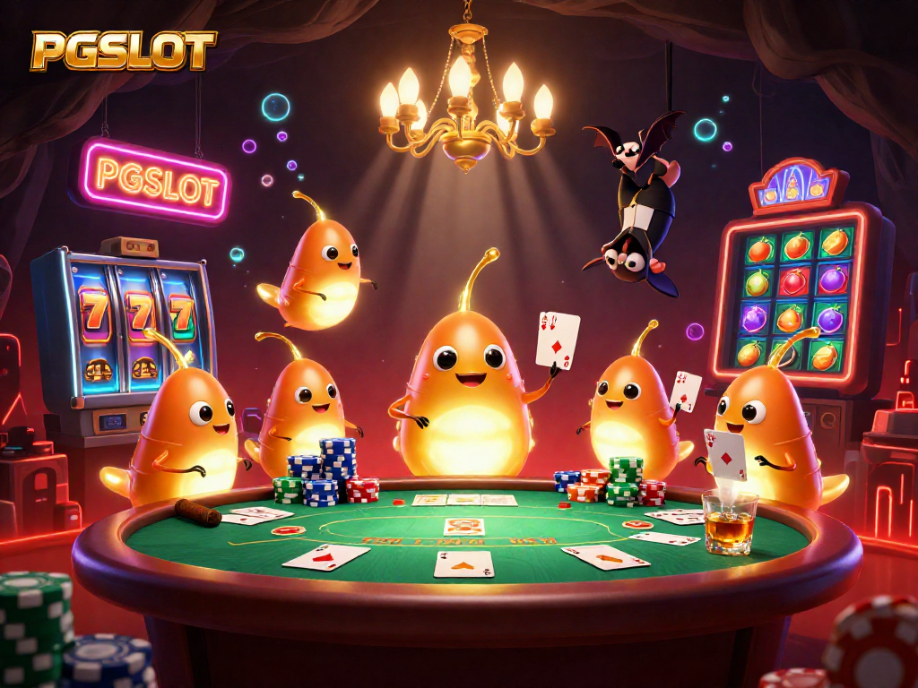 PGSLOT illuminates a vibrant cave casino featuring glowworms, poker chips, and jackpot symbols.