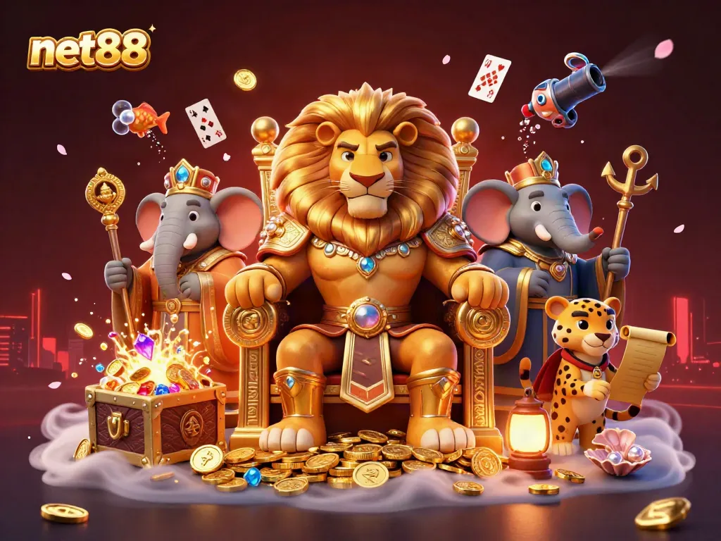 Engage in thrilling gameplay at net88 with a majestic lion king and allies amid a vibrant casino adventure.