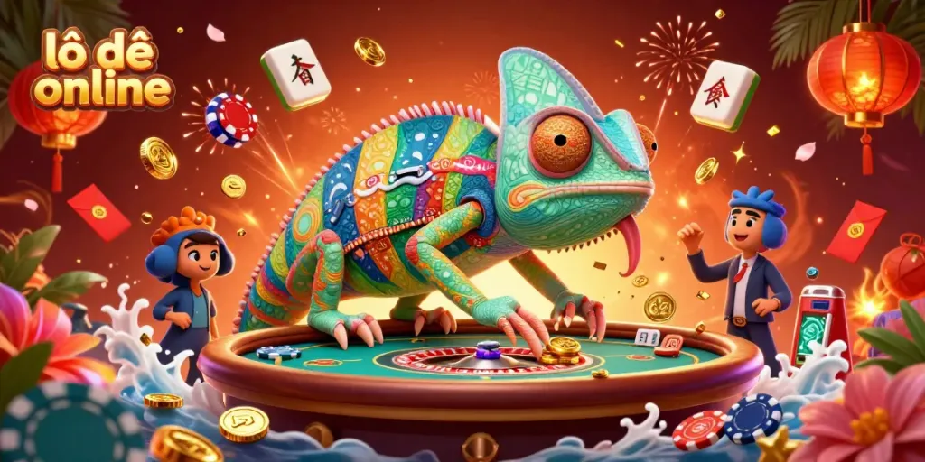 Engage in lô đề online with a vibrant 3D scene of a chameleon casino owner amidst casino elements.