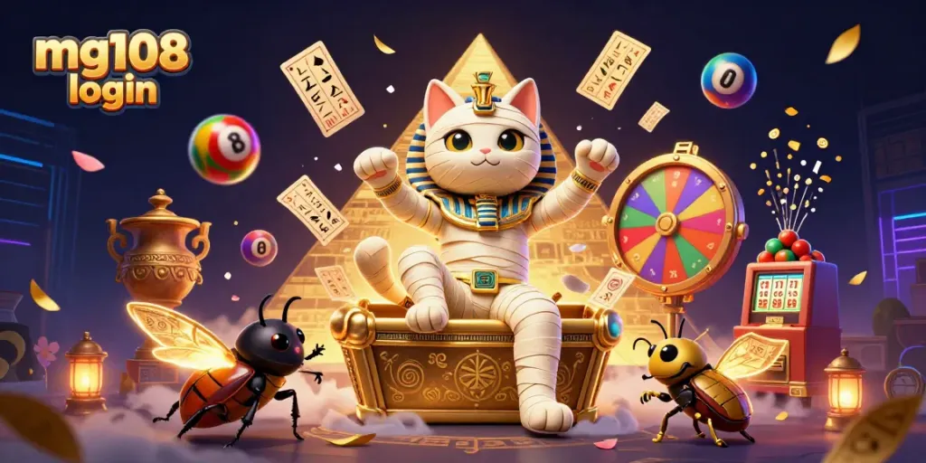 Interaksi bermain dengan mg108 login pada mesin lotere dan kartu bingo berkilau.