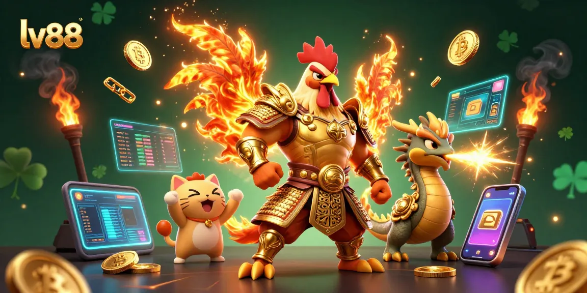 Experience the thrilling action at lv88, where a valiant rooster warrior battles alongside a dragon hatchling amid crypto treasures.