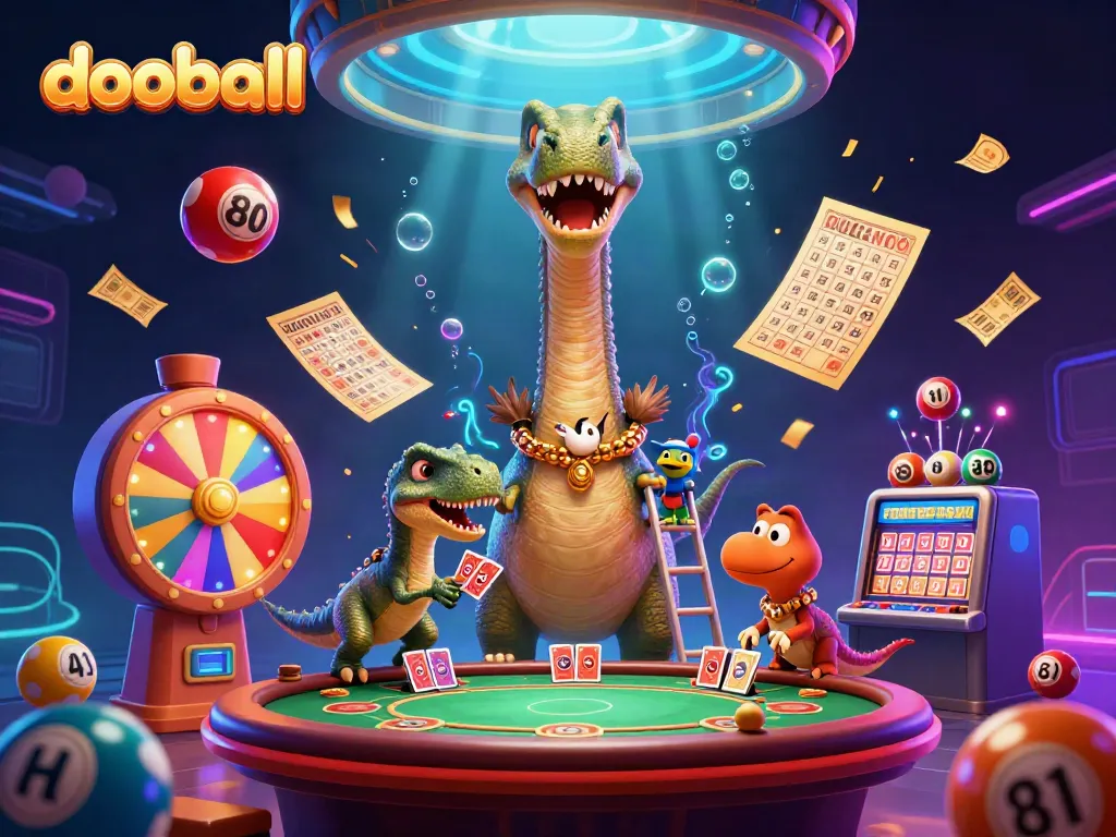 Experience thrilling dooball action in a vibrant, packed casino scene full of animated lottery elements.