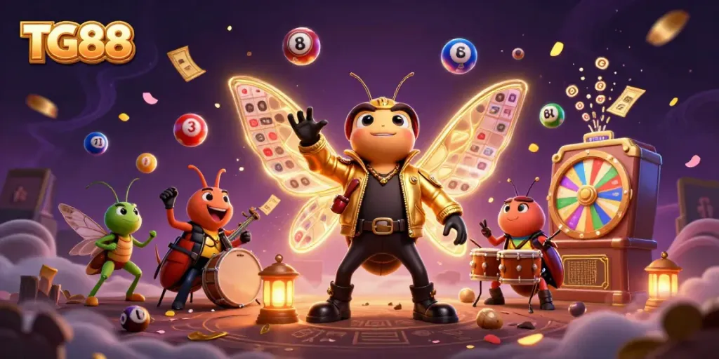 Experience thrilling games at TG88 with a vivid scene of a cartoon cicada rock star and vibrant lottery elements.