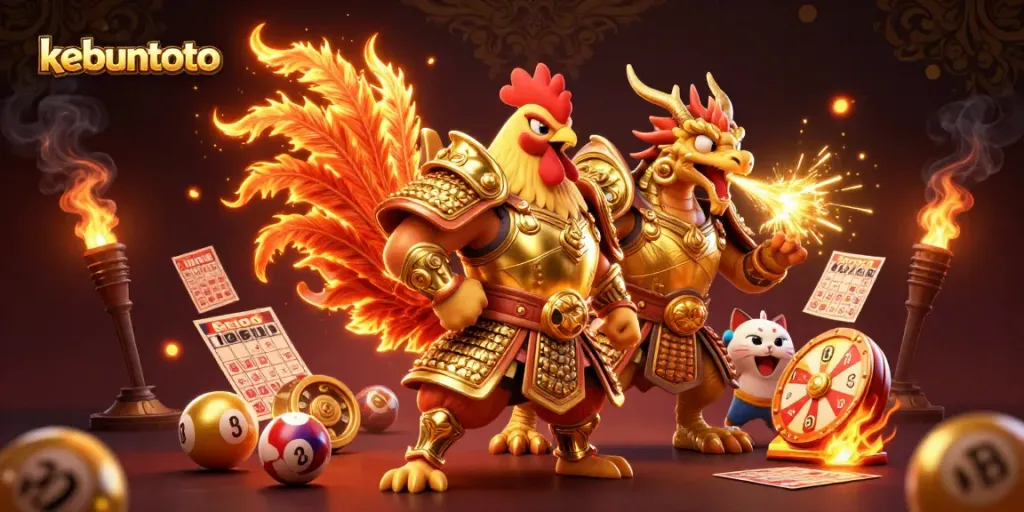 Kebuntoto menampilkan ilustrasi 3D menarik dengan karakter ayam dan naga, menyemarakkan suasana permainan togel.