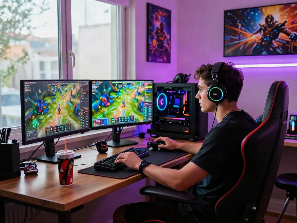 Gamer menghadapi permainan online dengan perangkat canggih dan suasana penuh energi, luxury111.