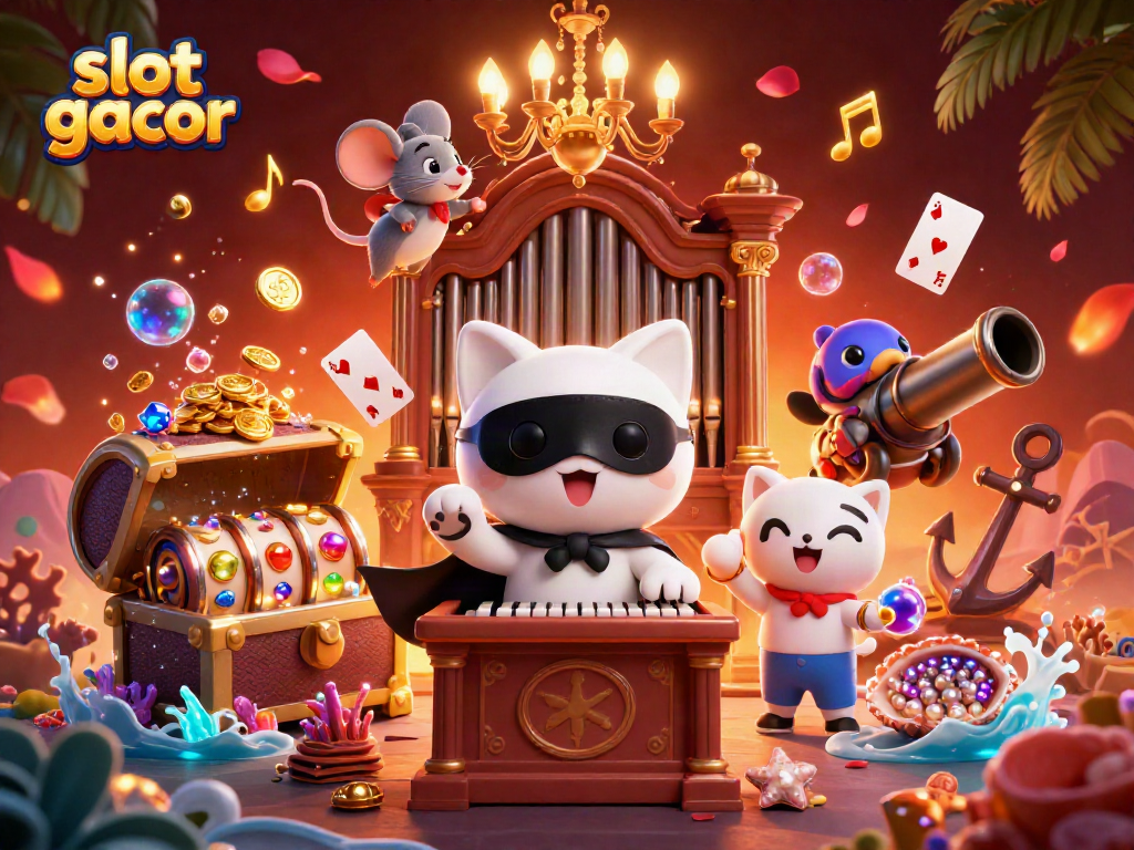 Engage with slot gacor reels as the phantom cat plays on an organ amidst a colorful casino scene.
