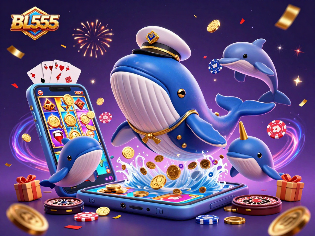 Engage with exciting BL555 gaming moments featuring a cartoon whale and playful dolphins.