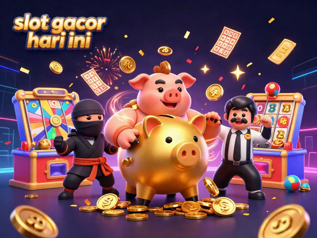 Experience slots excitement with slot gacor hari ini in a vibrant 3D casino scene filled with fun characters.