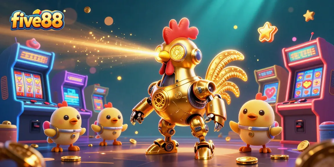 Engage with five88's vibrant casino gaming scene featuring a golden rooster robot and arcade elements.
