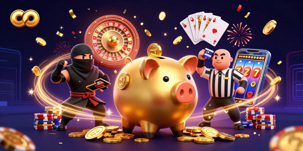Engage with co on a vibrant scene showcasing a golden piggy bank sumo wrestler generating excitement in the casino atmosphere.