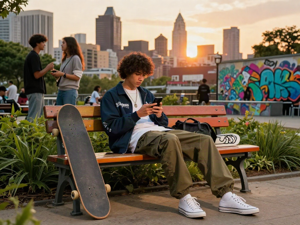 Person checking hargatoto trends on smartphone in vibrant city park.
