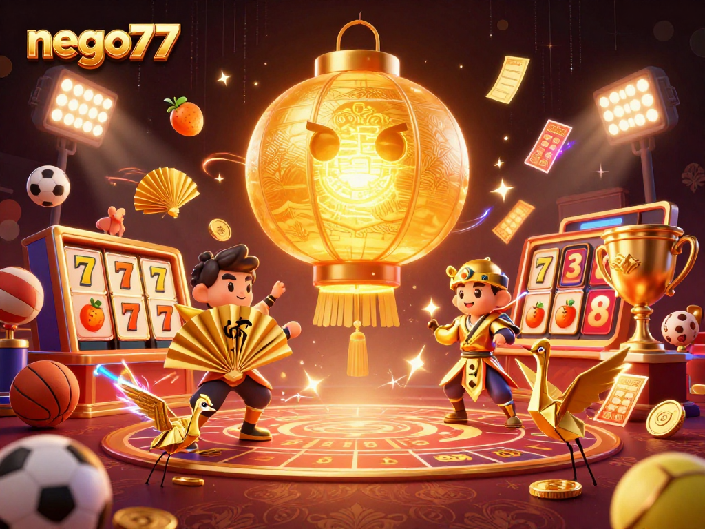 Bet on exciting slots at nego77, featuring a golden lantern spirit and gaming elements.
