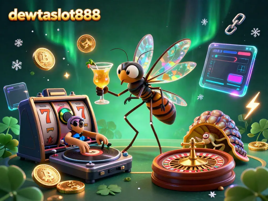 Rasakan pengalaman bermain di dewataslot888 dengan simbol slot, koin digital, dan DJ trilobite.