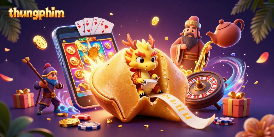 Experience thungphim with a vibrant 3D illustration of a fortune cookie scene filled with casino excitement.