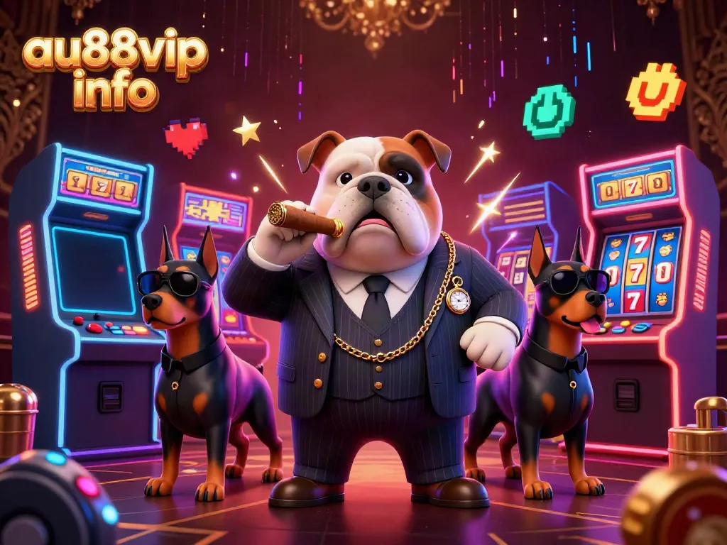 Engage in lively gaming with au88vip info featuring a cartoon mafia bulldog and Doberman bodyguards in a vibrant casino.
