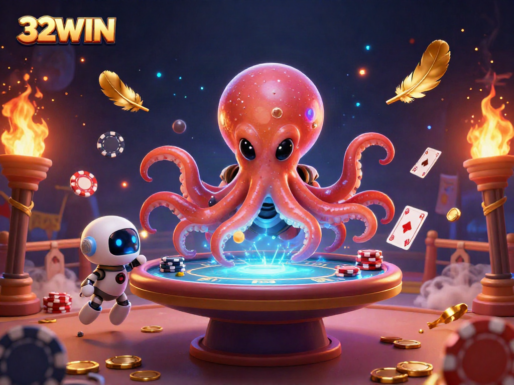Win exciting poker games with 32WIN's vibrant alien-themed casino illustration featuring a dynamic octopus dealer.