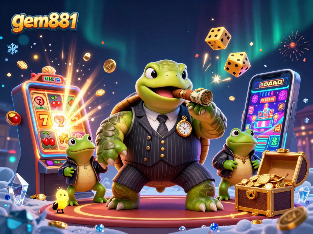 Experience exhilarating gameplay at gem881 with vibrant, animated casino scene featuring a snapping turtle in a suit.