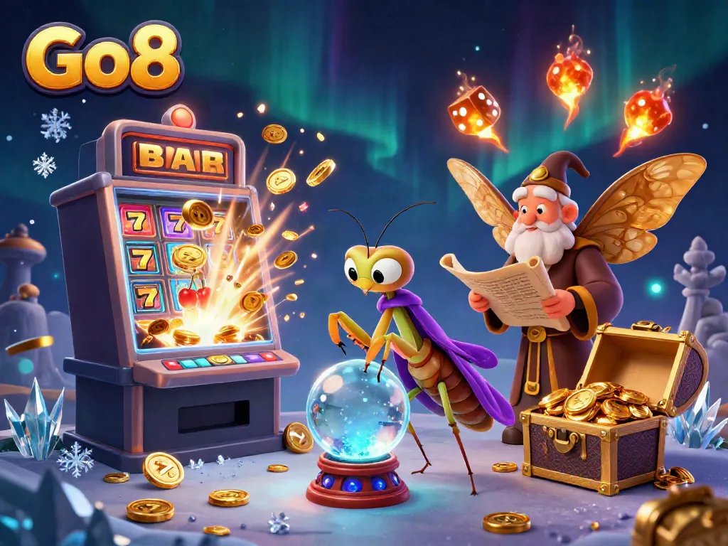 Engage with Go8 slots and jackpots in a mystical, vibrant 3D casino scene with cartoon characters.