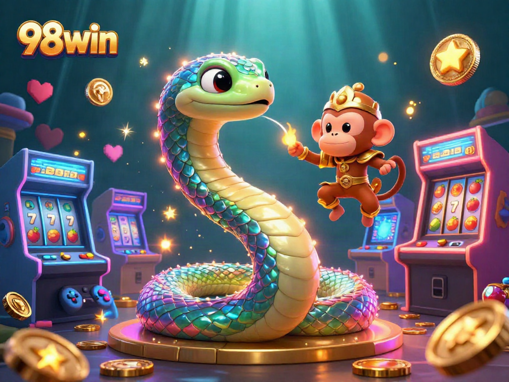 Play and win with vibrant 98win casino imagery showcasing colorful game elements and characters.