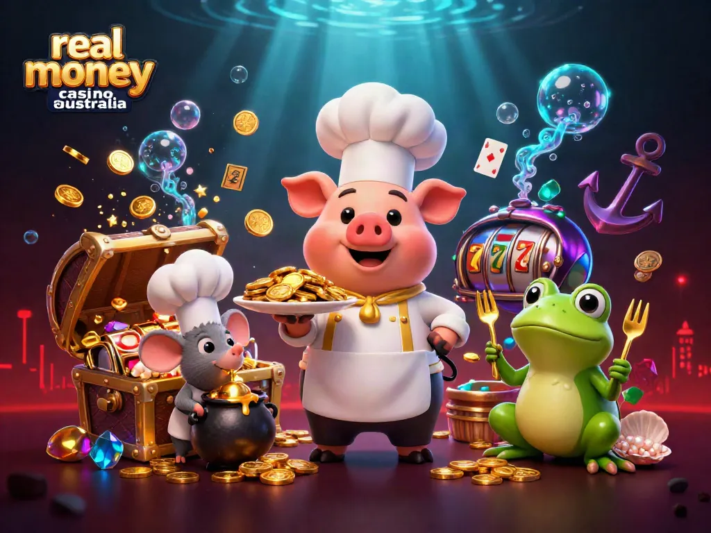 Experience real money casino Australia with dynamic casino-themed characters and gold treasures.