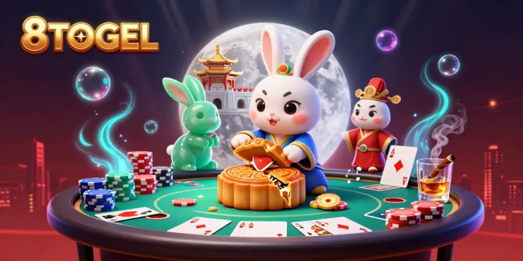 Experience 8TOGEL's vibrant casino world, where a moon rabbit reveals poker chips from mooncakes.