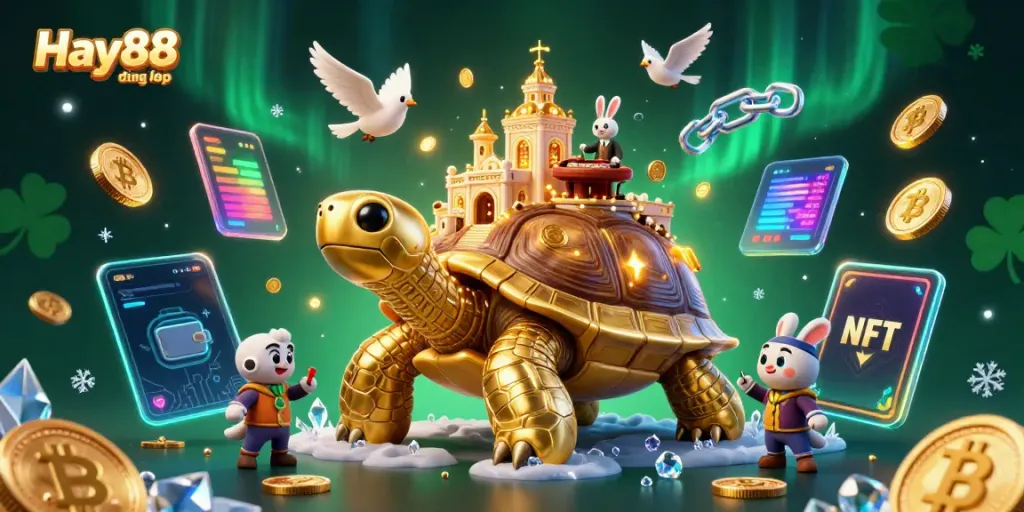 Engage with Hay88 đăng nhập at a vibrant casino scene featuring a golden tortoise, rabbit dealer, and flying coins.