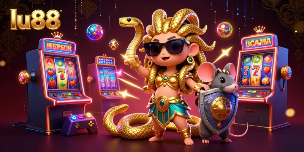 Experience exciting gameplay with lu88 featuring a friendly Medusa and warrior mouse in a rich casino environment.