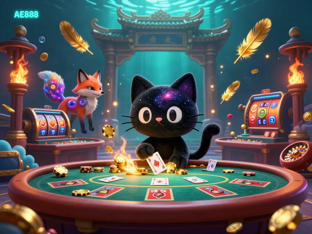 Experience AE888 real-time action with a mystical black hole cat and colorful nebula fox in a cosmic casino.