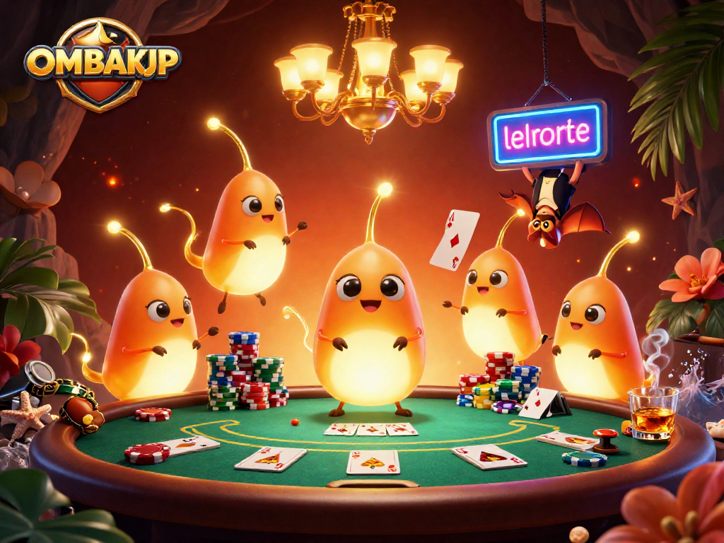 Experience OMBAKJP action in a vibrant cave casino with glowworms and a bat dealer.