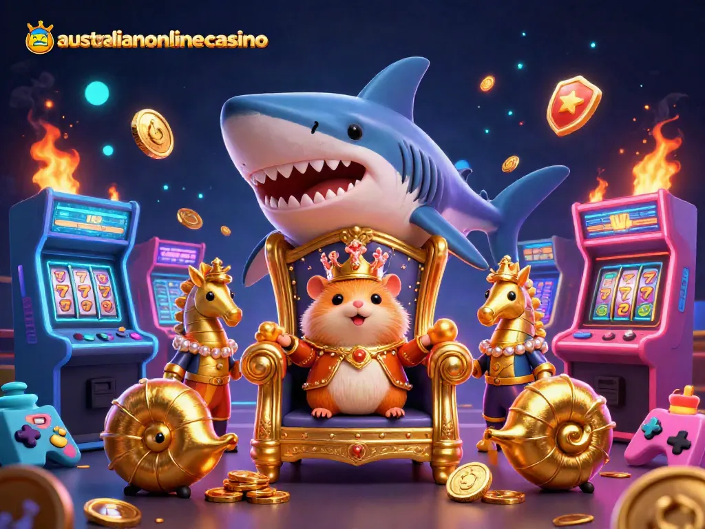 Play on australianonlinecasino with vibrant 3D illustration of a golden hamster king in a casino scene.