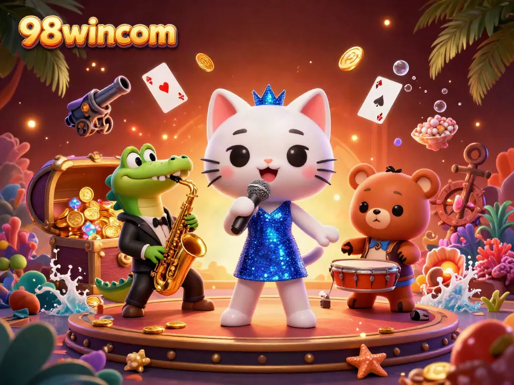 Experience thrilling gaming at 98wincom with a vibrant, animated casino scene featuring jazz performers.