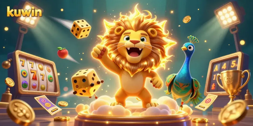 Kuwin slots offer thrilling gameplay with vibrant visuals of a lion mascot and dynamism in action.