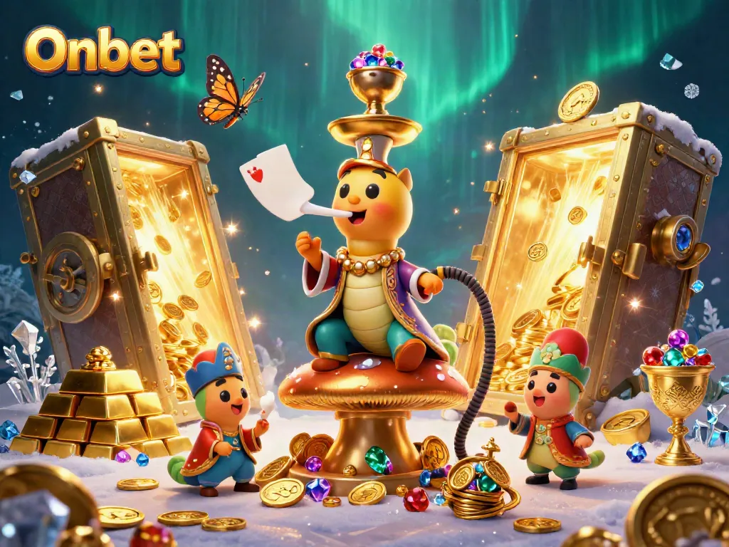 Experience Onbet's vibrant casino world with a captivating caterpillar master and treasure-filled scene.