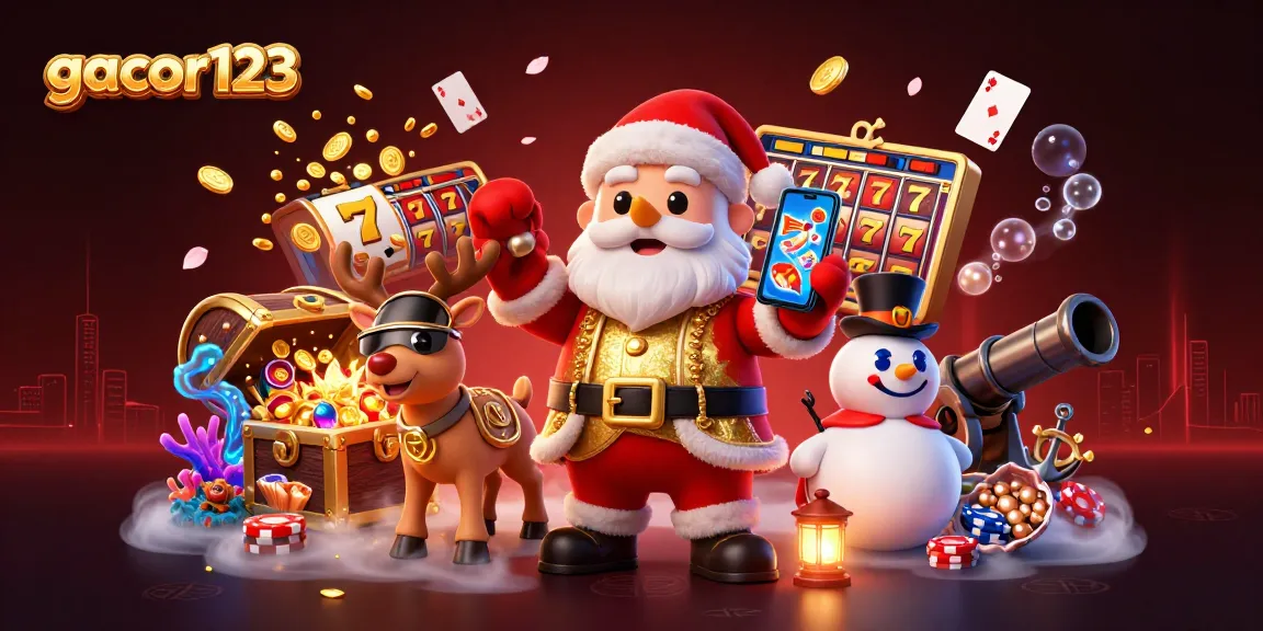 Spin the slots at gacor123, featuring Santa Claus and friends in a vibrant casino scene.