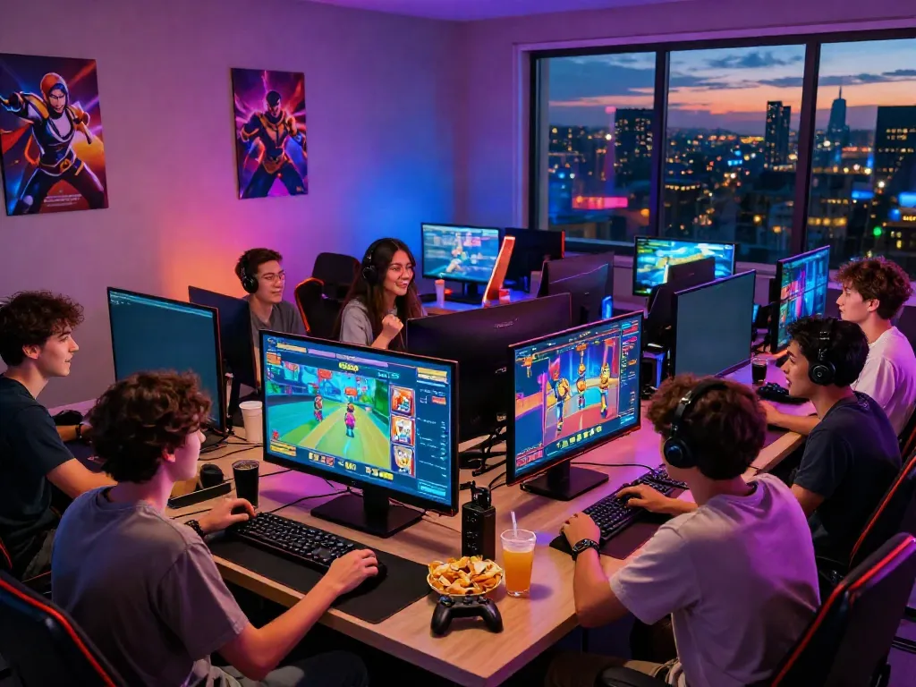 Engaging gaming lounge with friends enjoying a slot demo and lively atmosphere.