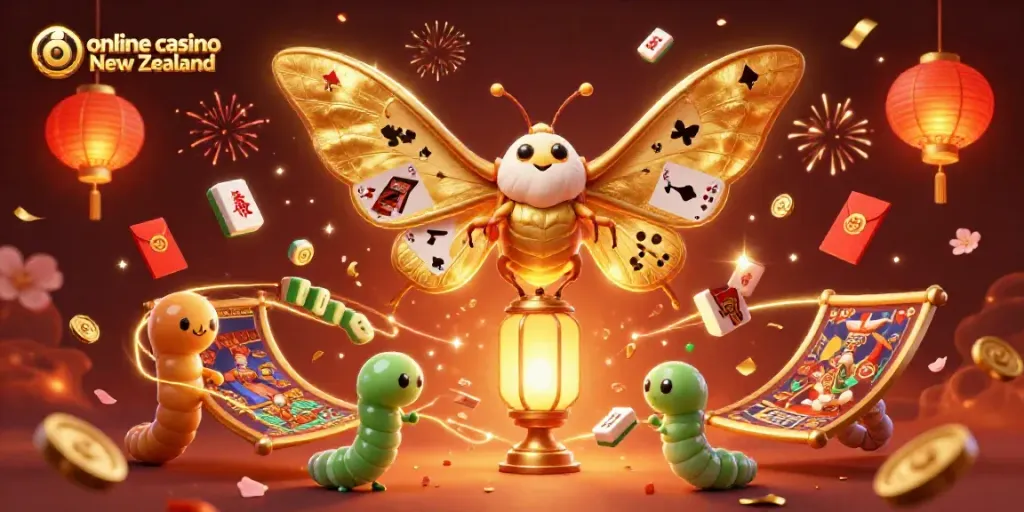 Experience the vibrant world of online casino New Zealand through a 3D illustration featuring an atlas moth symbolizing luck and wealth.