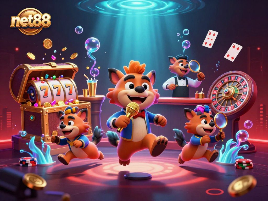 Experience the excitement of net88 with our animated hyenas in a vibrant casino scene mixing drinks and telling jokes.