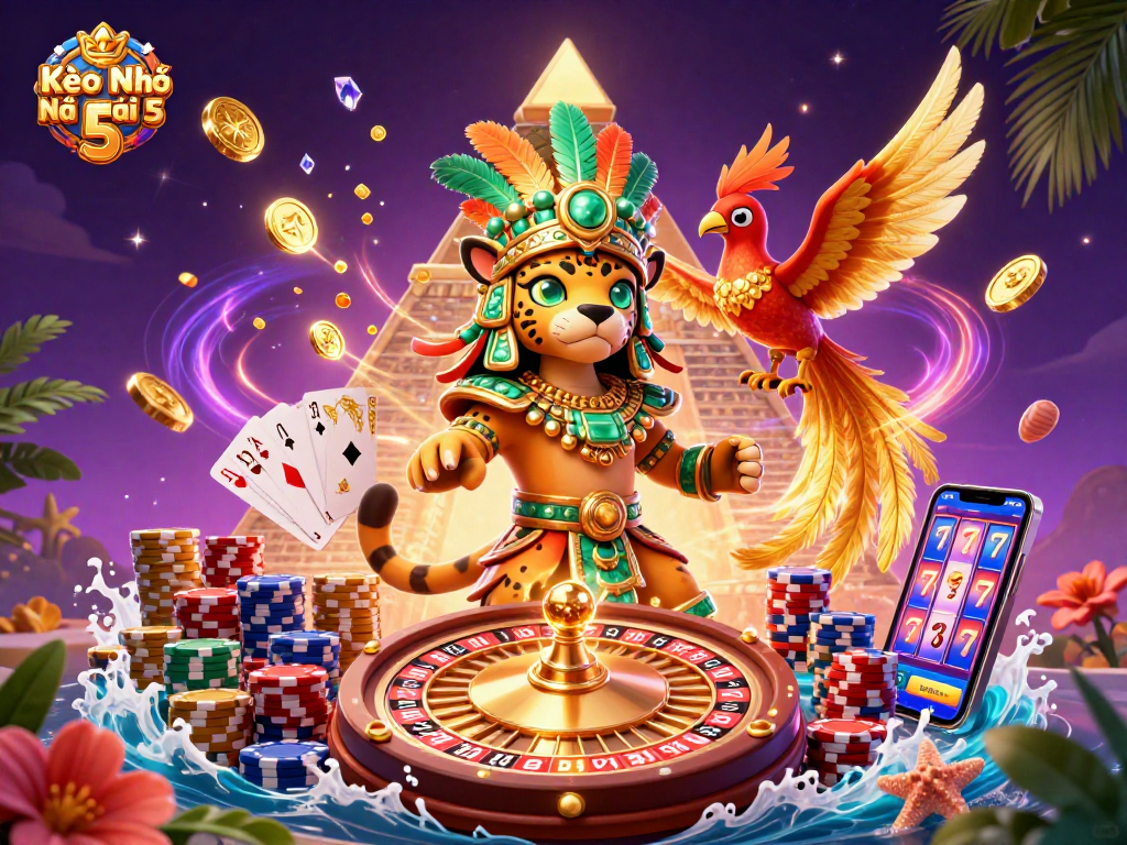 Kèo Nhà Cái 5 showcases vibrant casino elements, including a Mayan priest and luxury casino features.