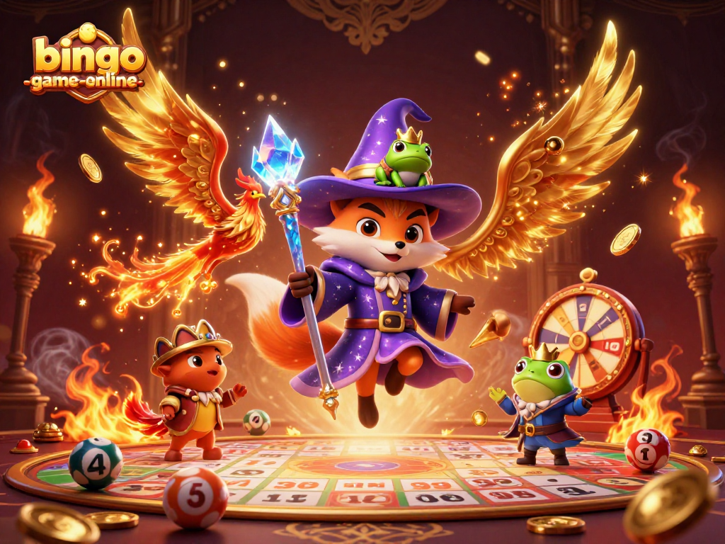 Engage with the vibrant bingo-game-online atmosphere depicted in a mystical 3D scene of a wizard fox, phoenix, and enchanted frog.