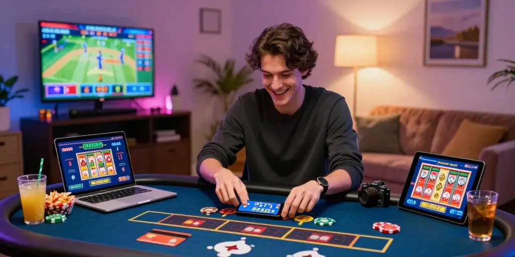 Engaging scene of a player enjoying top credit card casinos on a smartphone, surrounded by colorful gaming graphics and a cozy home setup.