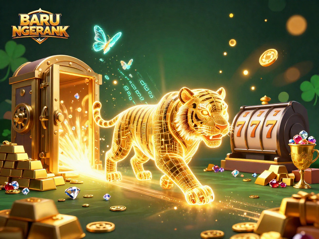 Engage in thrilling gameplay with BARU NGERANK's vibrant 3D casino scene featuring a golden tiger and treasures.