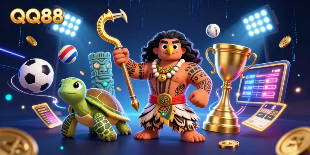 Bet on QQ88 with an exciting 3D illustration of a demigod and sports elements.