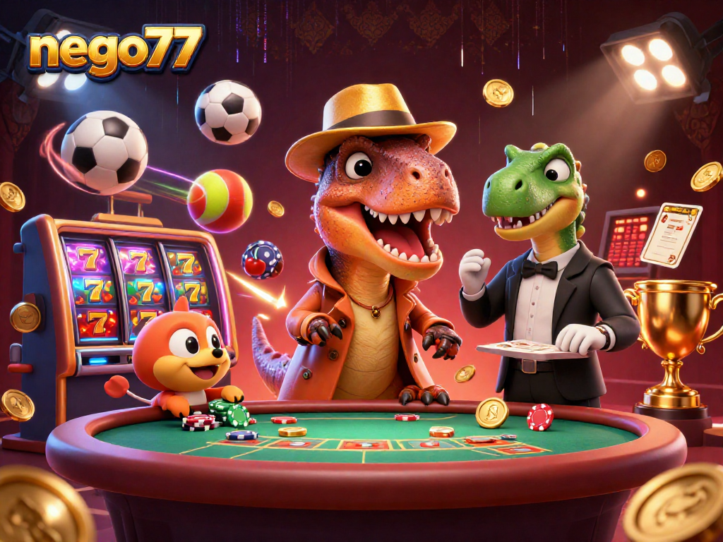 Engage in thrilling gameplay with nego77, showcasing a cartoon velociraptor amidst blackjack tensions and slot excitement.