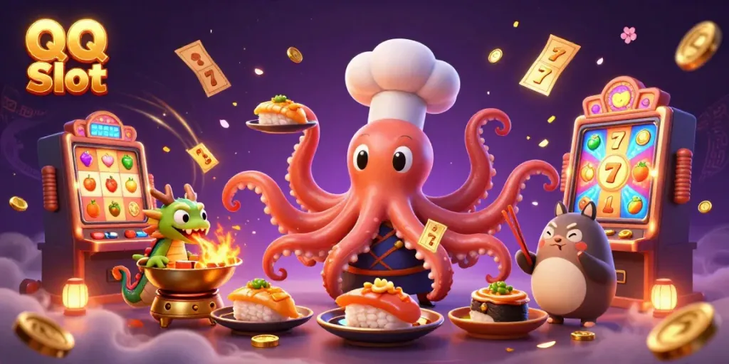 Experience QQ Slot excitement with vibrant slot elements, an octopus chef, dragon, and tanuki customer enjoying a winning scene.